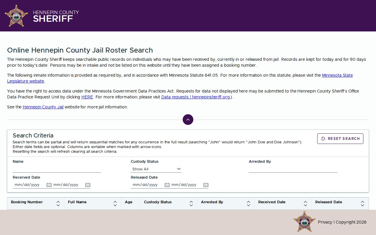Hennepin County released inmate roster search controls